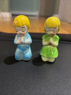 Vintage Whimsical Set of Salt and Pepper Shakers - Boy and Girl Praying Hands